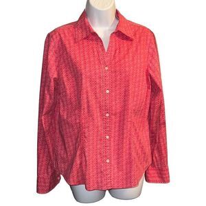 Bass Women Long Sleeve Symmetrical Floral Print Poplin Blouse Tops Pink Size Lar